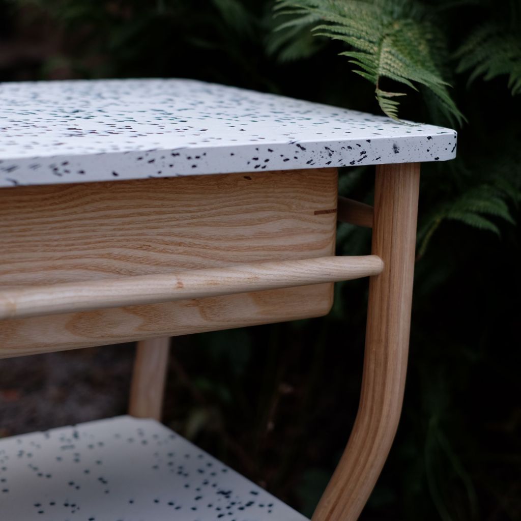 Just In Time curved recycled bedside table Sam Alton Woodwork Derbyshire 