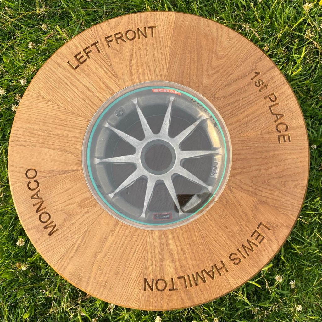 Sam Alton Woodwork Derbyshire Lewis Hamilton tyre coffee table overhead shot