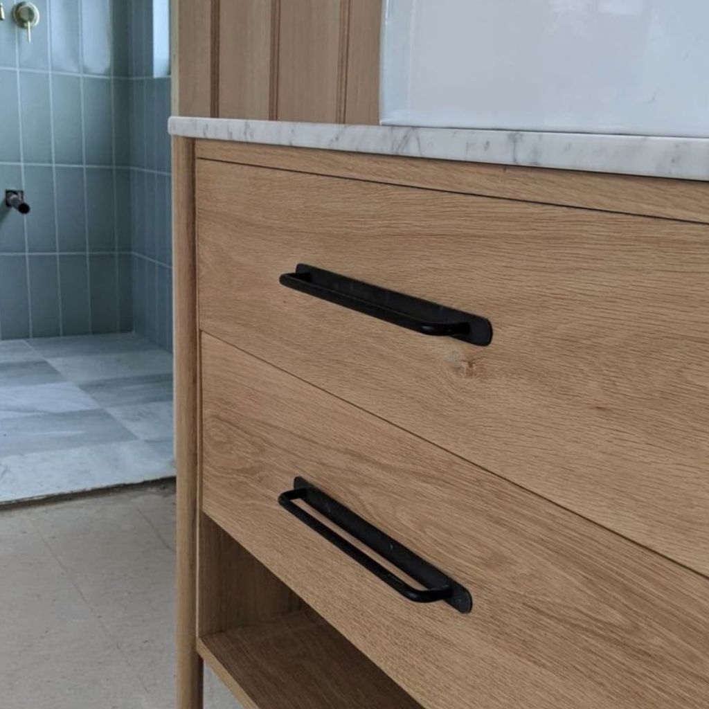 Sam Alton Woodwork Derbyshire vanity cabinet with marble top for London Client