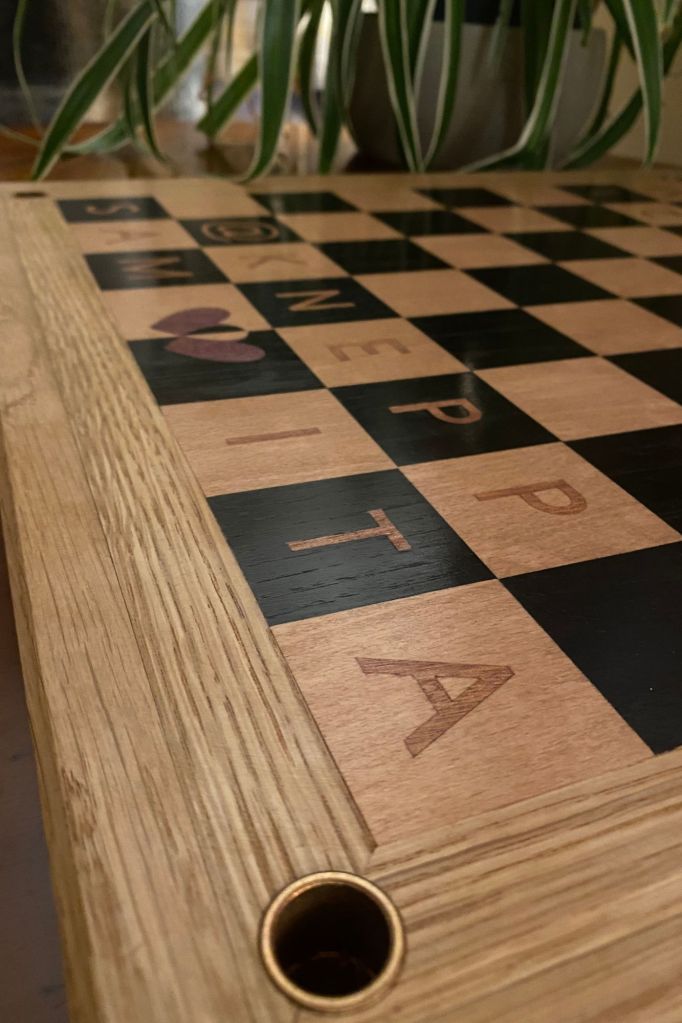 Personalised chessboard close up